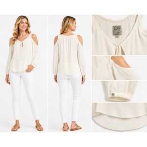 Go by‎ GoSilk Top XS White Boho Airy Fairy Cold Shoulder Washable Silk Tassel